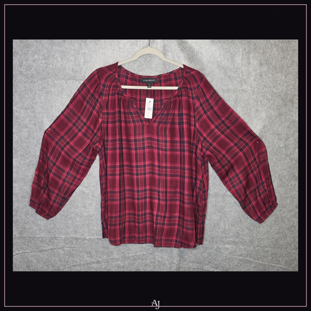 Lane Bryant Split Neck Plaid Peasant Popover Plus Size 18 Red and Navy Plaid Top
